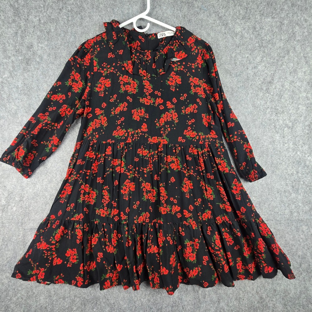 Zara Dress Women Medium Black Red Floral Smock Tiered Ruffle Collar Mini